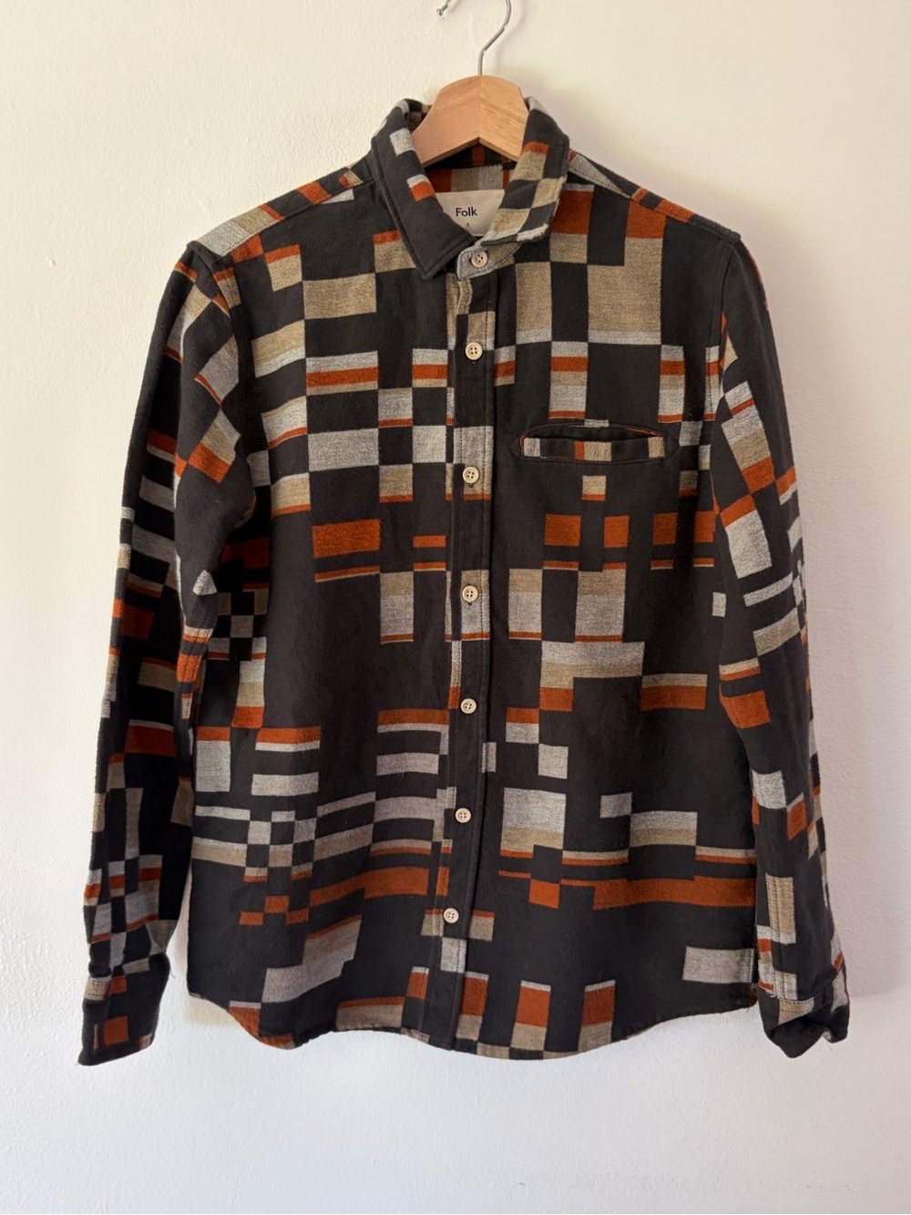 Folk Black With Geometric Pattern Cotton Long Sleeve Men's Button-Up Size Small